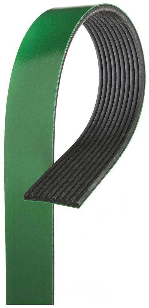 Multi-rib drive belt with green outer surface and black ribbed inner surface